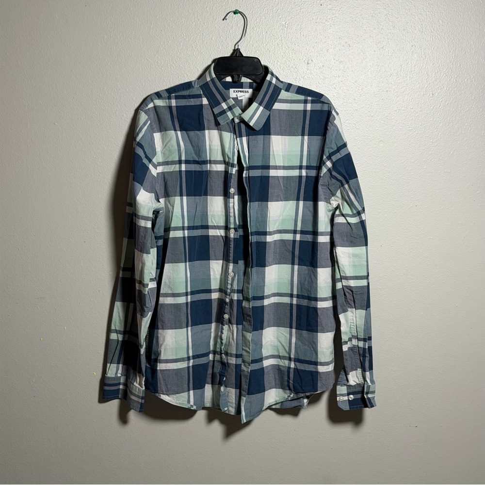 Express Men's Extra Slim Fit Button Down Long Sleeve Blue Plaid Shirt size XL